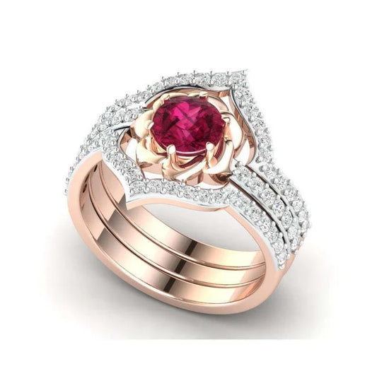 Exquisite rose gold flower engagement ring set with intricate floral design and adjustable sizing