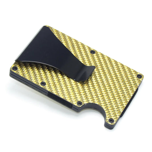 Geometric carbon fibre card holder showing 8mm thickness with capacity for 6-15 cards in gift box