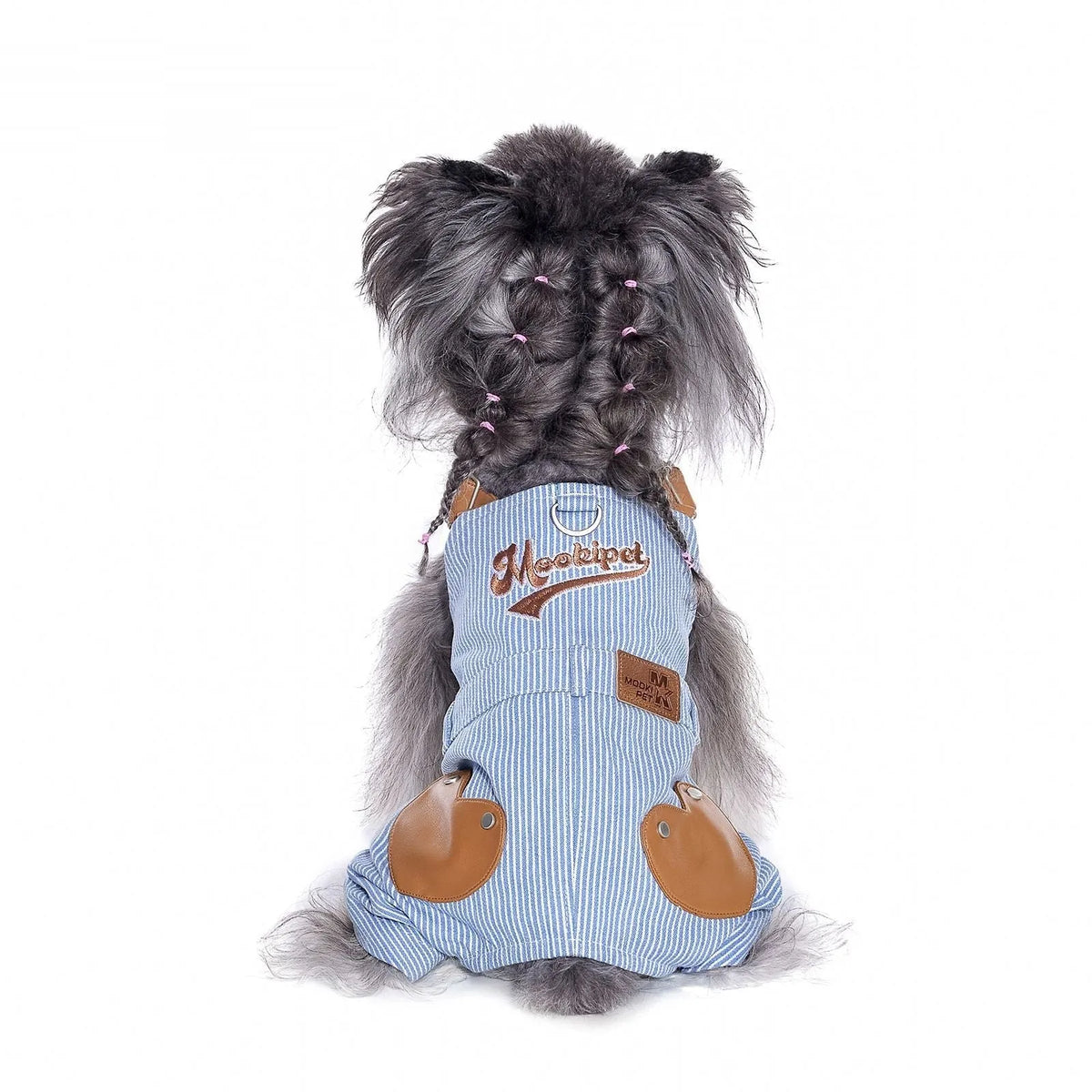 Blue polyester denim-style suspender pants for small dogs, available in sizes XXS to 2XL