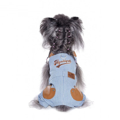 Blue polyester denim-style suspender pants for small dogs, available in sizes XXS to 2XL