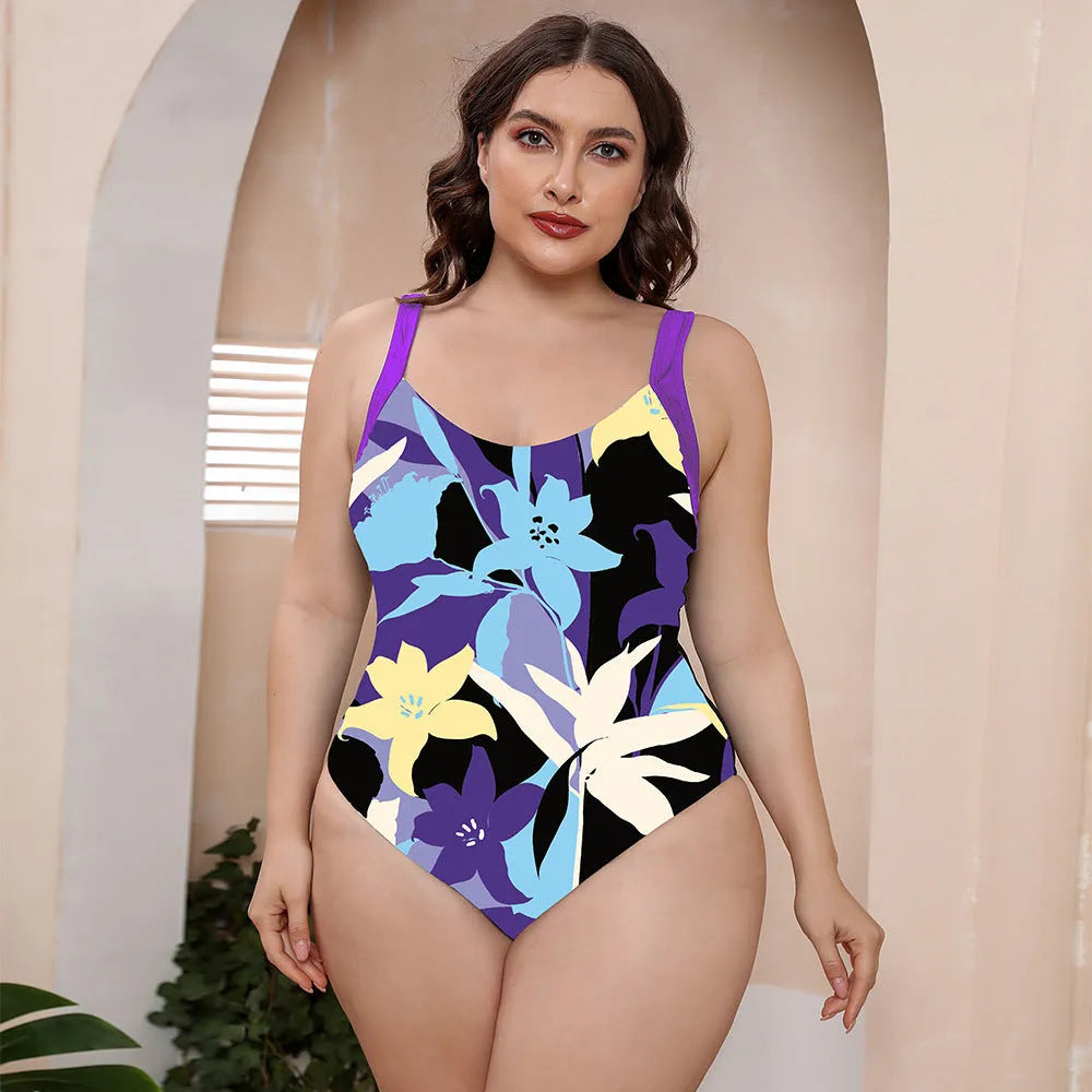 Conservative one-piece swimsuit with vest top and floral print for swimming and hot springs