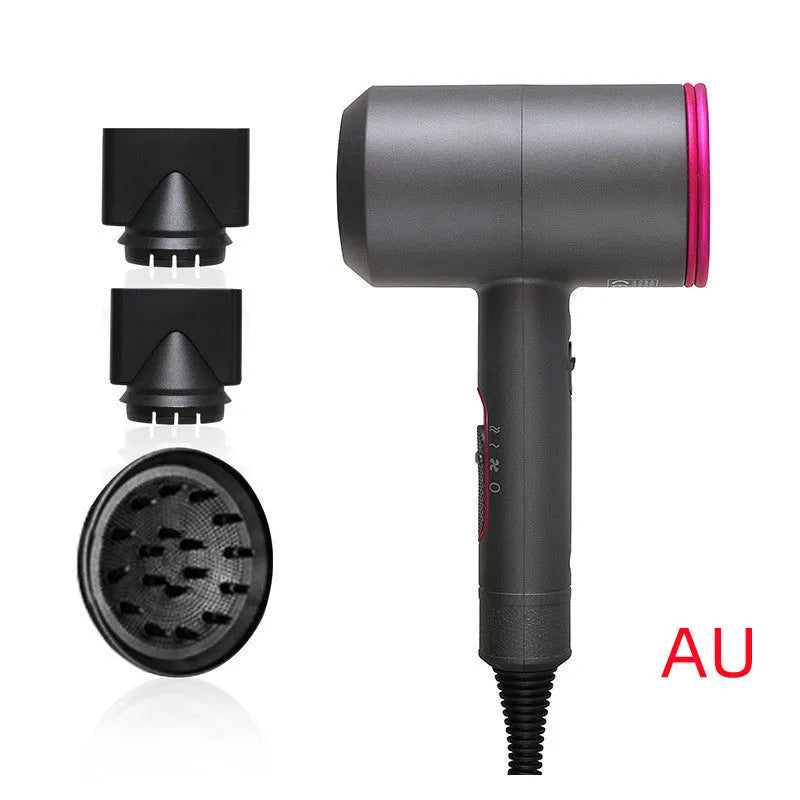 Black hotel hair dryer with 2.5m cable, concentrator nozzle, and multiple international plug adapters