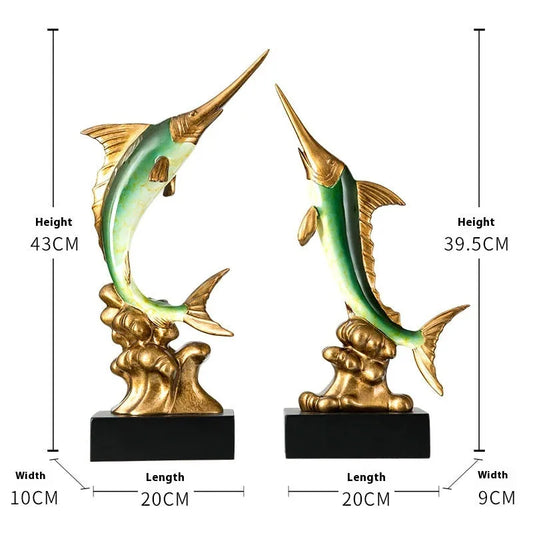 European-style swordfish resin ornament in Brilliant Gold, Coral Red, Lake Blue, or Sea Green colour options