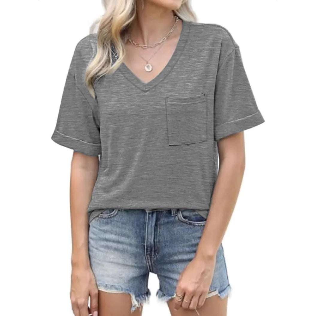 Grey loose V-neck short sleeve t-shirt with chest pocket, showing 40cm length and regular sleeves for casual wear
