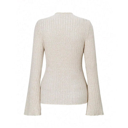 Long sleeve round neck top in black with lantern sleeves and slim fit, on a hanger