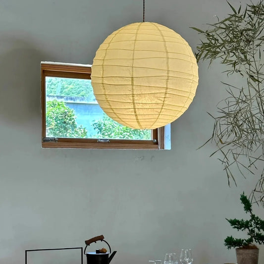 Japanese-style spherical rice paper chandelier with 30cm, 45cm, and 55cm diameter options for ambient lighting
