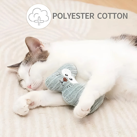 Cyan knitted plush cat toy with bell and organic catnip filling for cats to chew and play with.