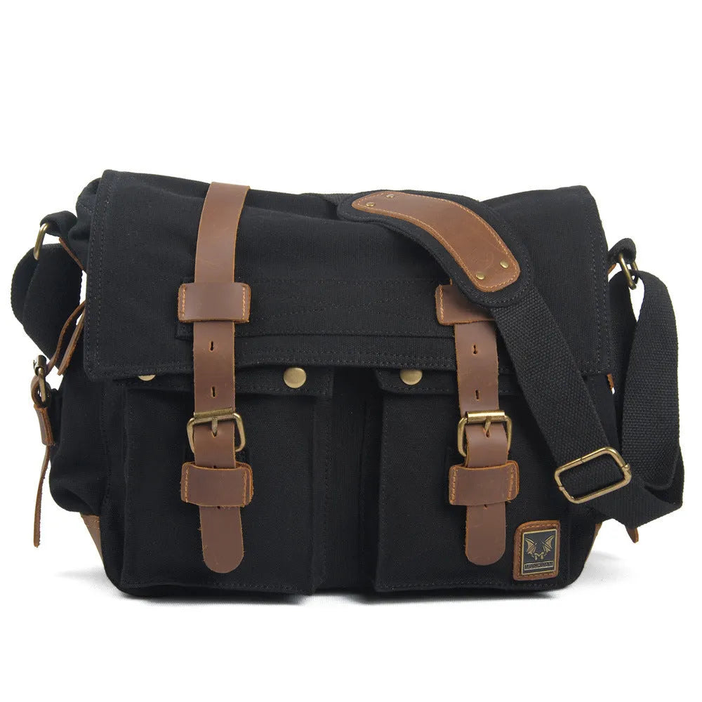 Men's retro crossbody canvas shoulder bag with cowhide trim in horizontal rectangular shape