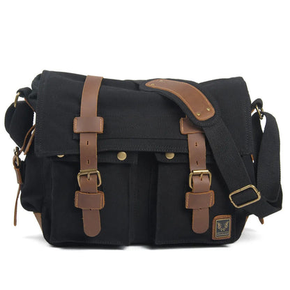 Men's retro crossbody canvas shoulder bag with cowhide trim in horizontal rectangular shape