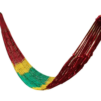 Outdoor nylon rope mesh hammock with tying strap shown in use