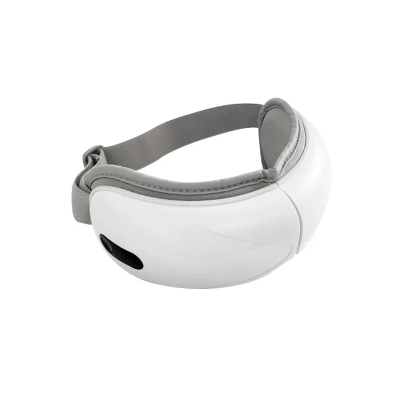 White rechargeable eye massager with airbag compression and hot compress functions, dimensions 140mm x 52mm x 150mm