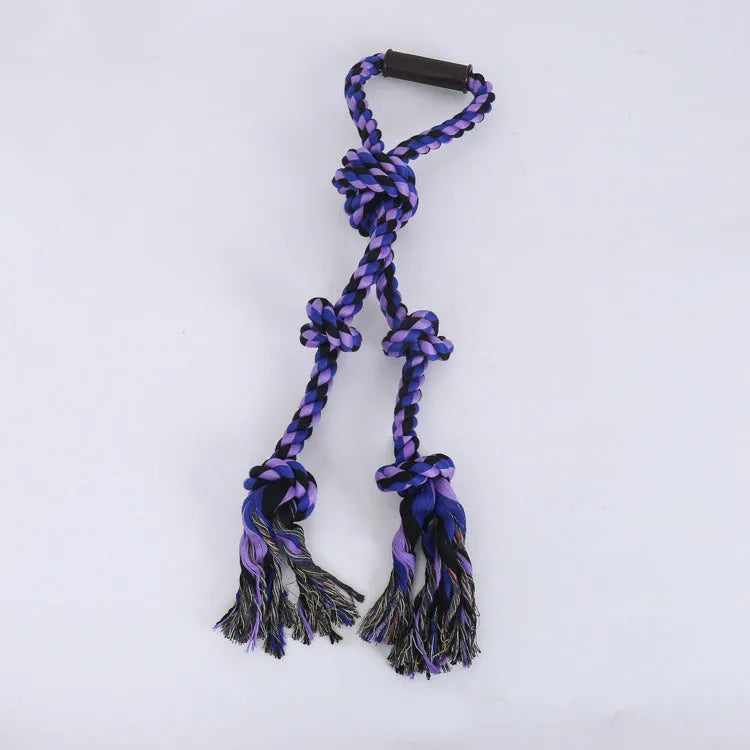 Blue and yellow dog rope toy with non-slip handle, measuring 18cm by 62cm for aggressive chewers