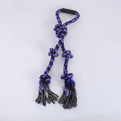 Blue and yellow dog rope toy with non-slip handle, measuring 18cm by 62cm for aggressive chewers