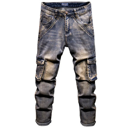 Men's loose-fit hip hop trousers with multi-pocket design in retro denim