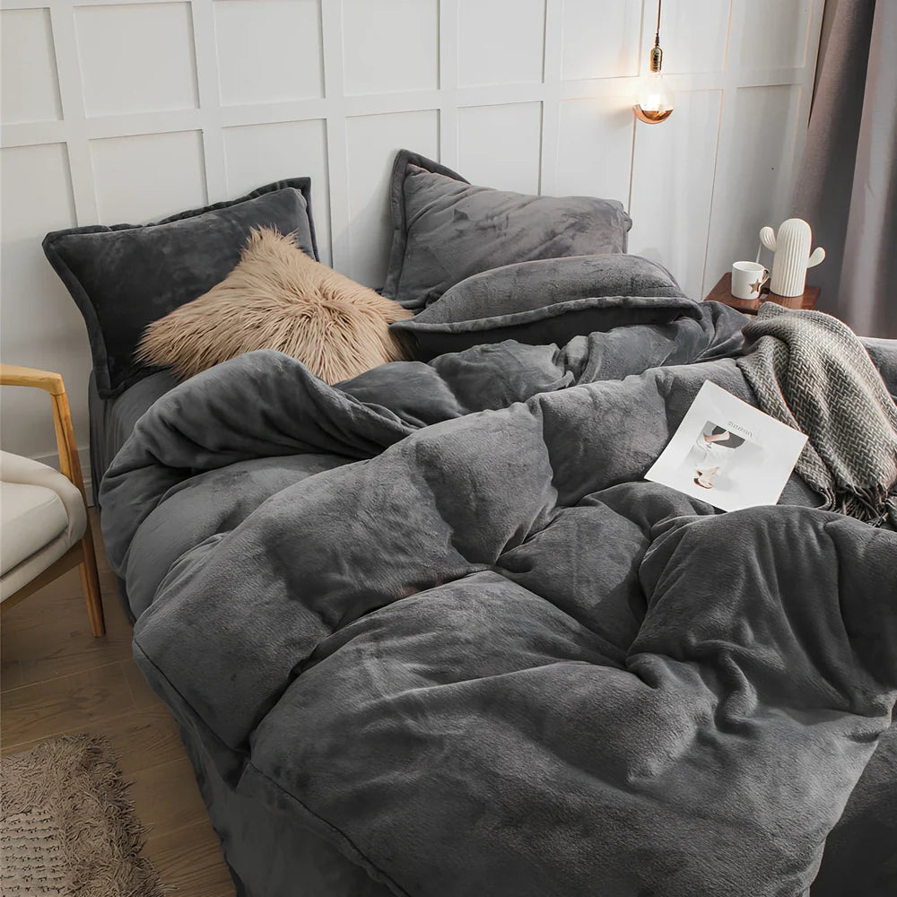 Double-sided fleece duvet cover showing goose yellow and light grey reversible sides