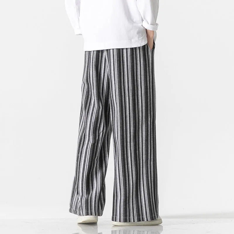 Vintage stripe loose straight mopping pants in cotton blend fabric showing straight leg and mid waist design