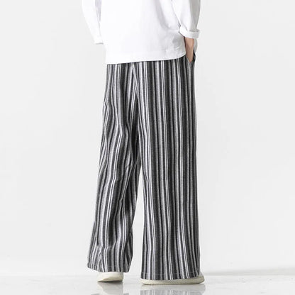 Vintage stripe loose straight mopping pants in cotton blend fabric showing straight leg and mid waist design