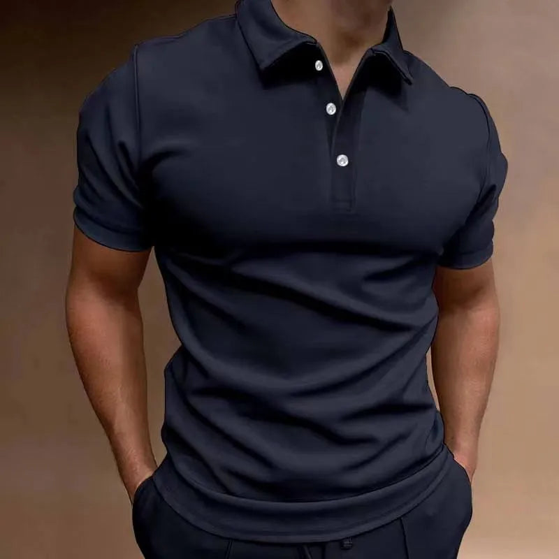 Men's grey loose-fit cotton blend t-shirt with a button detail and short sleeves.