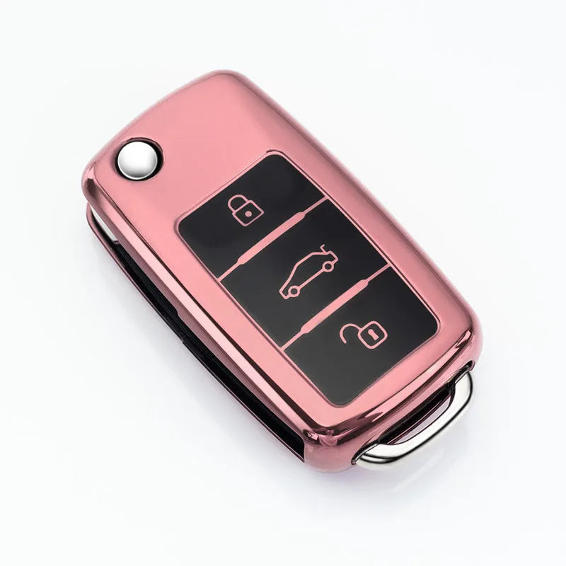 TPU car key bag in gem blue with folding design for three keys, showing single-shell construction