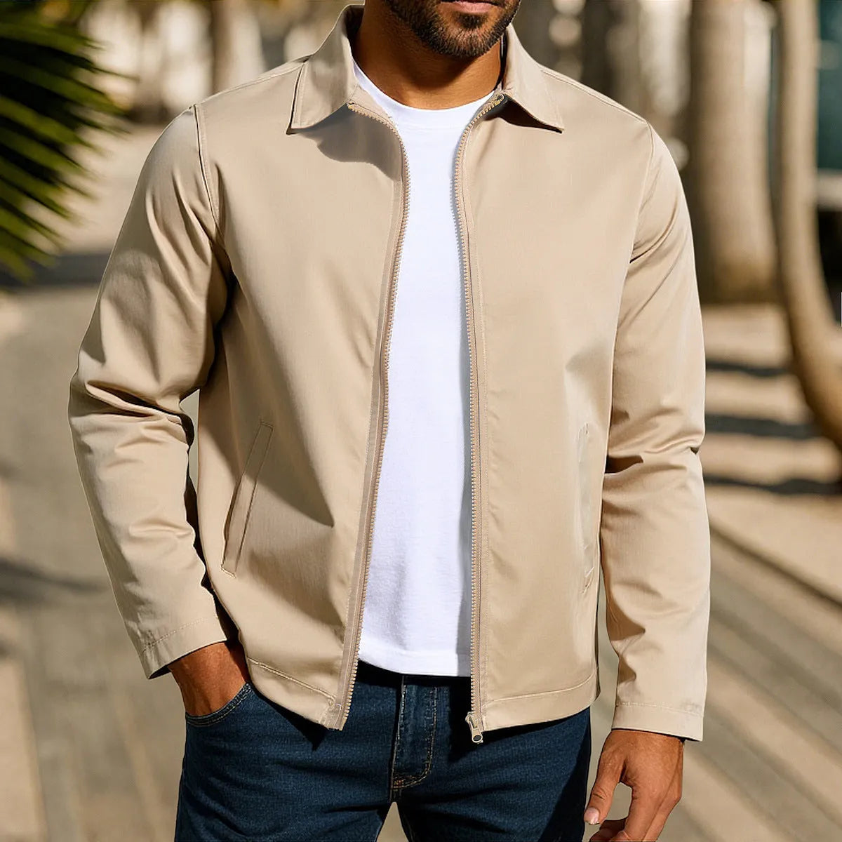 Men's green zipper cardigan jacket with raglan sleeves laid flat.