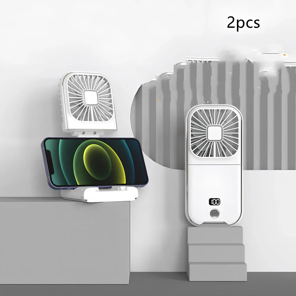 F30Pro folding portable handheld fan in white with digital display, 169x81x20mm size, USB charging, plastic blades for cooling