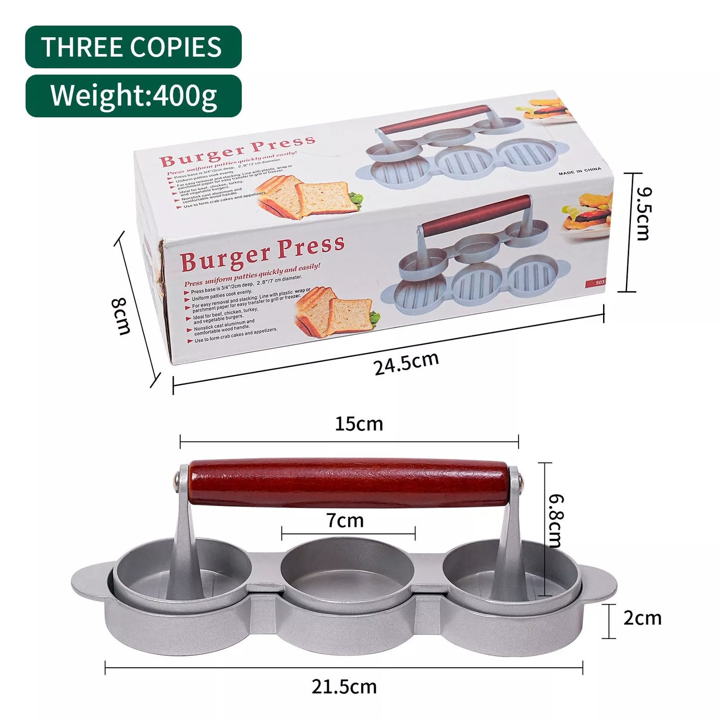 Mini burger press with wood handle for making slider patties, BPA-free aluminum alloy