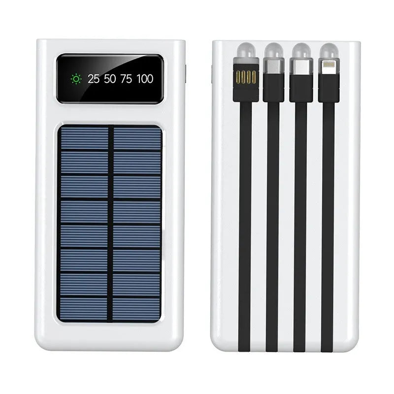 Portable solar power bank with 20000mAh capacity in black or white plastic casing
