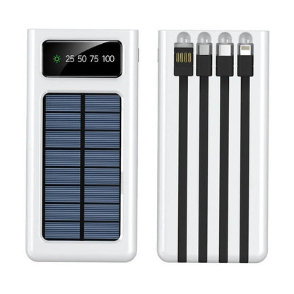 Portable solar power bank with 20000mAh capacity in black or white plastic casing