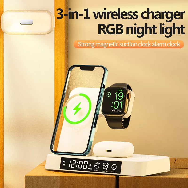 4-in-1 multifunction wireless charger station with alarm clock and RGB night light in white and black