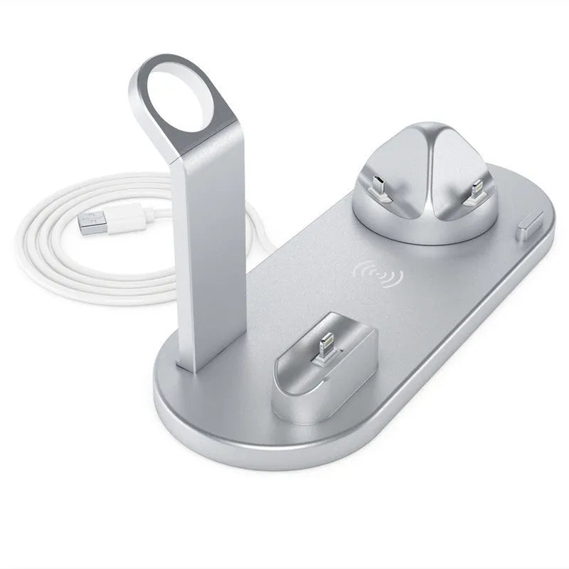 Three-in-one wireless charging stand in silver for iPhone, Apple Watch and AirPods with adjustable angle and USB power