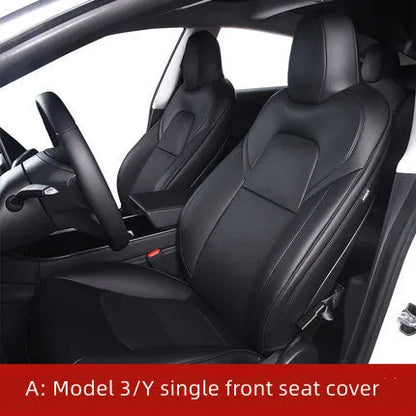 Black PVC seat cover installed on a Tesla Model 3 front seat, showing binding-style edges.
