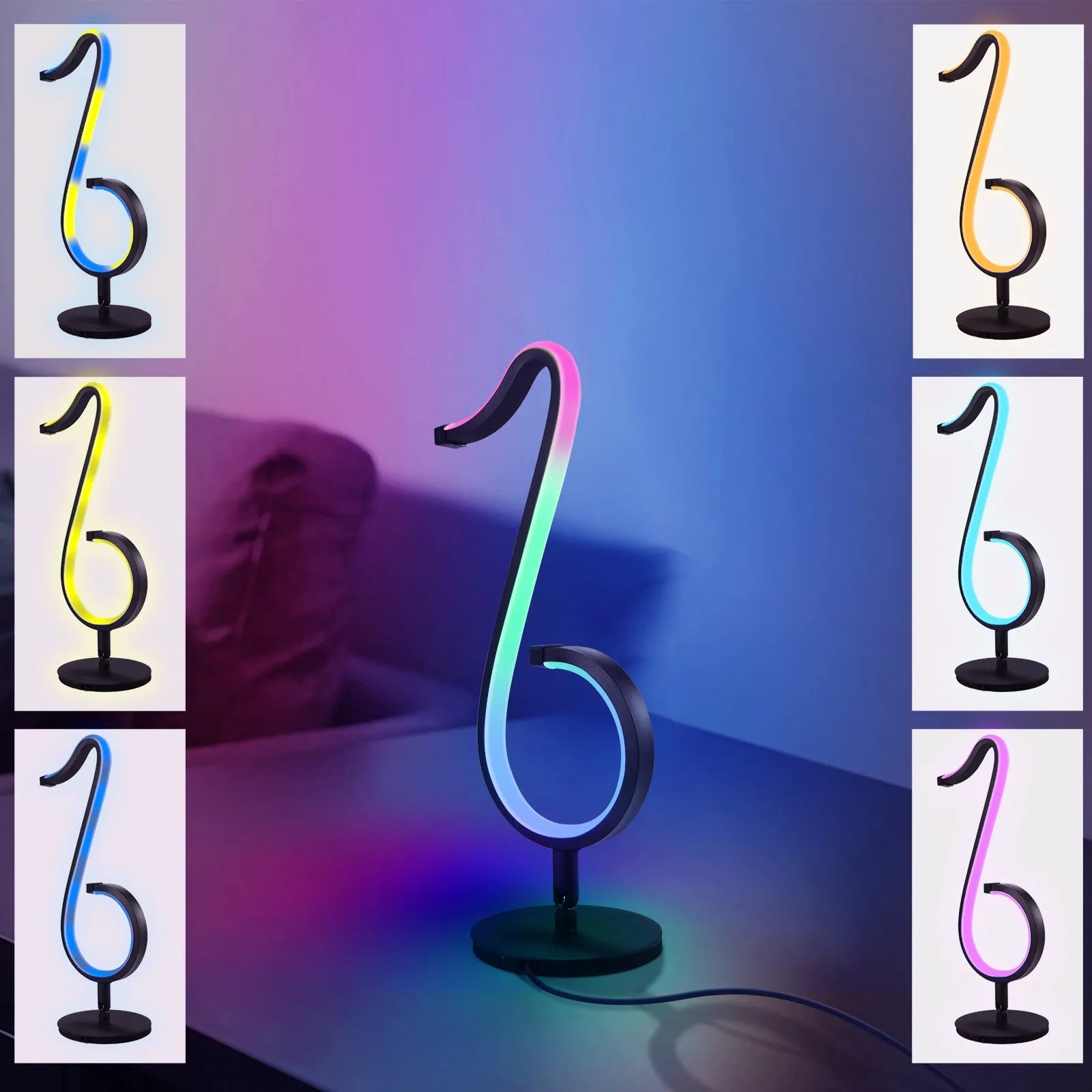Black rotating LED atmosphere light with mobile app control and USB power connection