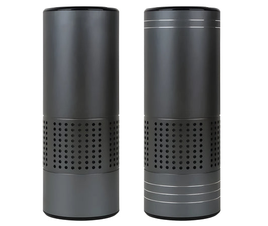 Aluminium alloy car cup holder air purifier with digital display for air quality, temperature, and humidity.