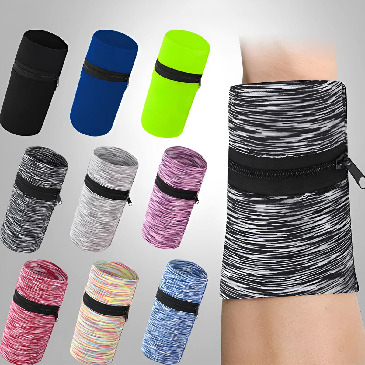 Sports arm bag with adjustable strap showing multiple colour options including striped patterns