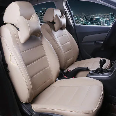 Genuine cow leather car seat cover in beige, shown fitted on a car seat with binding detail.