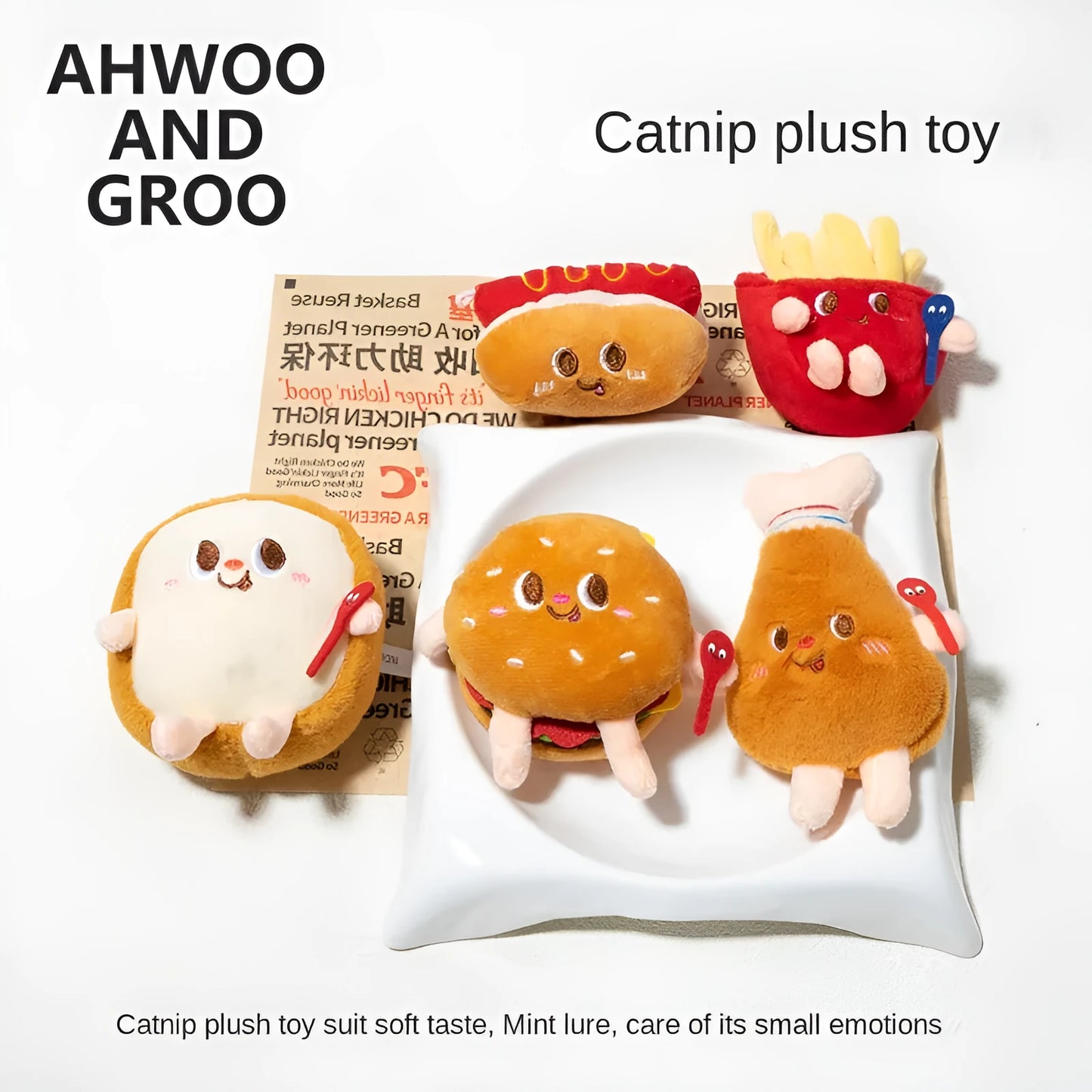Soft kitten teething chew toy in food-themed hamburger chicken leg bread fries or hot dog design