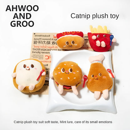Soft kitten teething chew toy in food-themed hamburger chicken leg bread fries or hot dog design