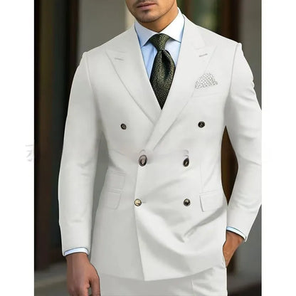Men's light business suit set comprising a coat and trousers in a cotton blend fabric.