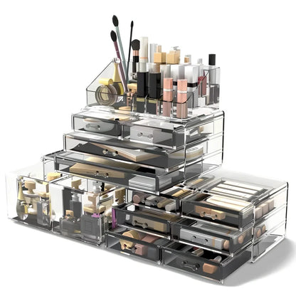 Three-layer transparent acrylic storage box for cosmetics with stackable design measuring 25cm wide