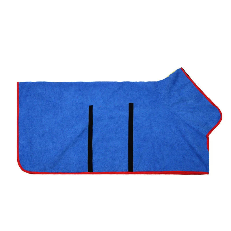 Absorbent dog bathrobe made of soft microfiber material with adjustable waist strap for a custom fit