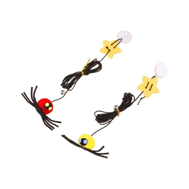 Cat toy hanging from door with elastic rope, colourful feather, bell and soft spider decoration