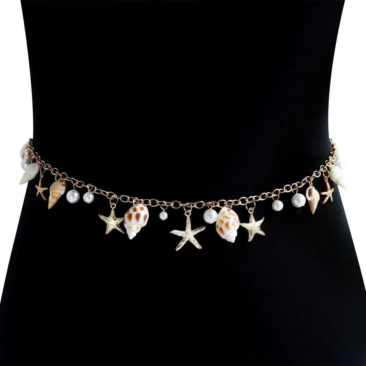 Women's alloy waist chain and bracelet set with star charms on a white background.