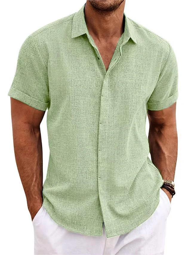 A versatile linen shirt in various colors, featuring a standing collar and short sleeves for a modern, tailored look.