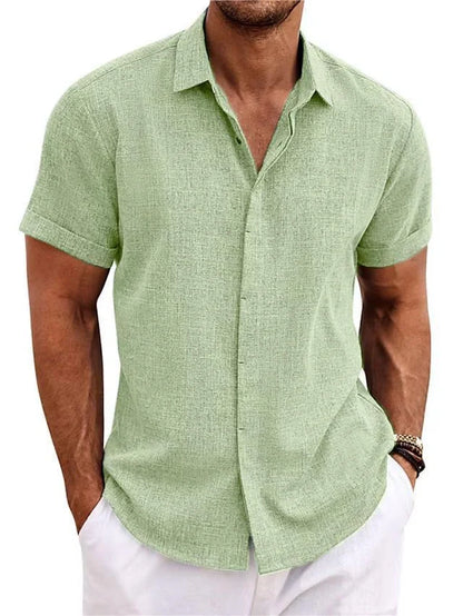 A versatile linen shirt in various colors, featuring a standing collar and short sleeves for a modern, tailored look.