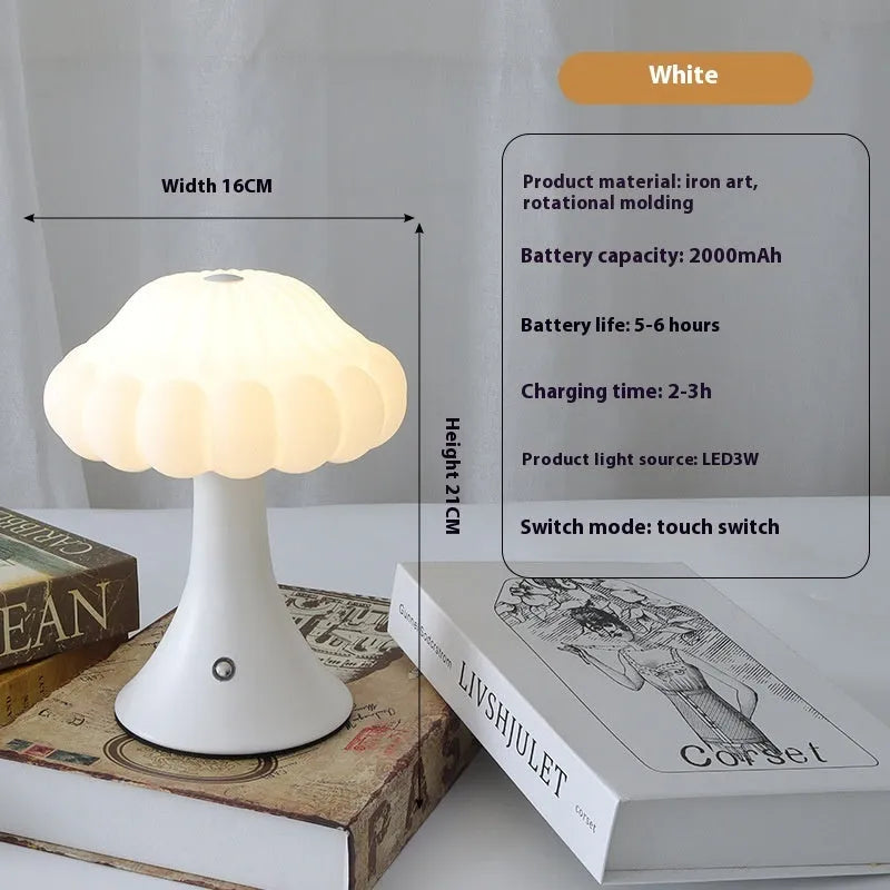 Mushroom-shaped touch lamp with USB charging port, 16cm diameter, in wood grain finish