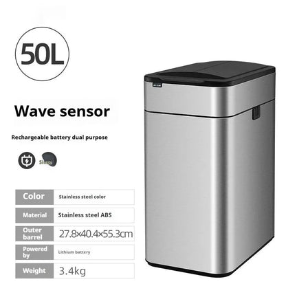 Inductive ashbin smart trash can with automatic lid, stainless steel construction, and square bucket shape