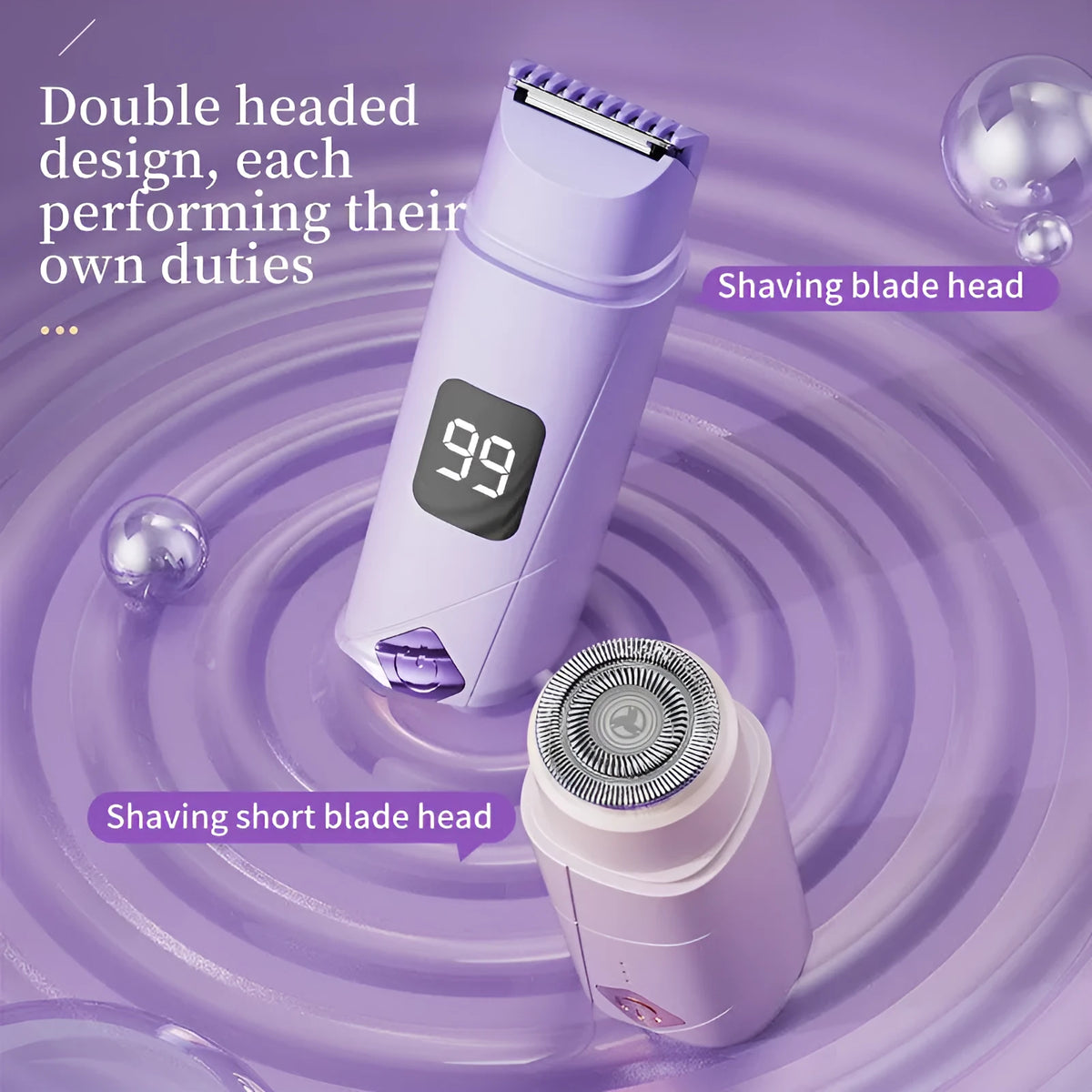 Digital display Type-C USB women's shaver in gradient purple colour for full-body hair removal.