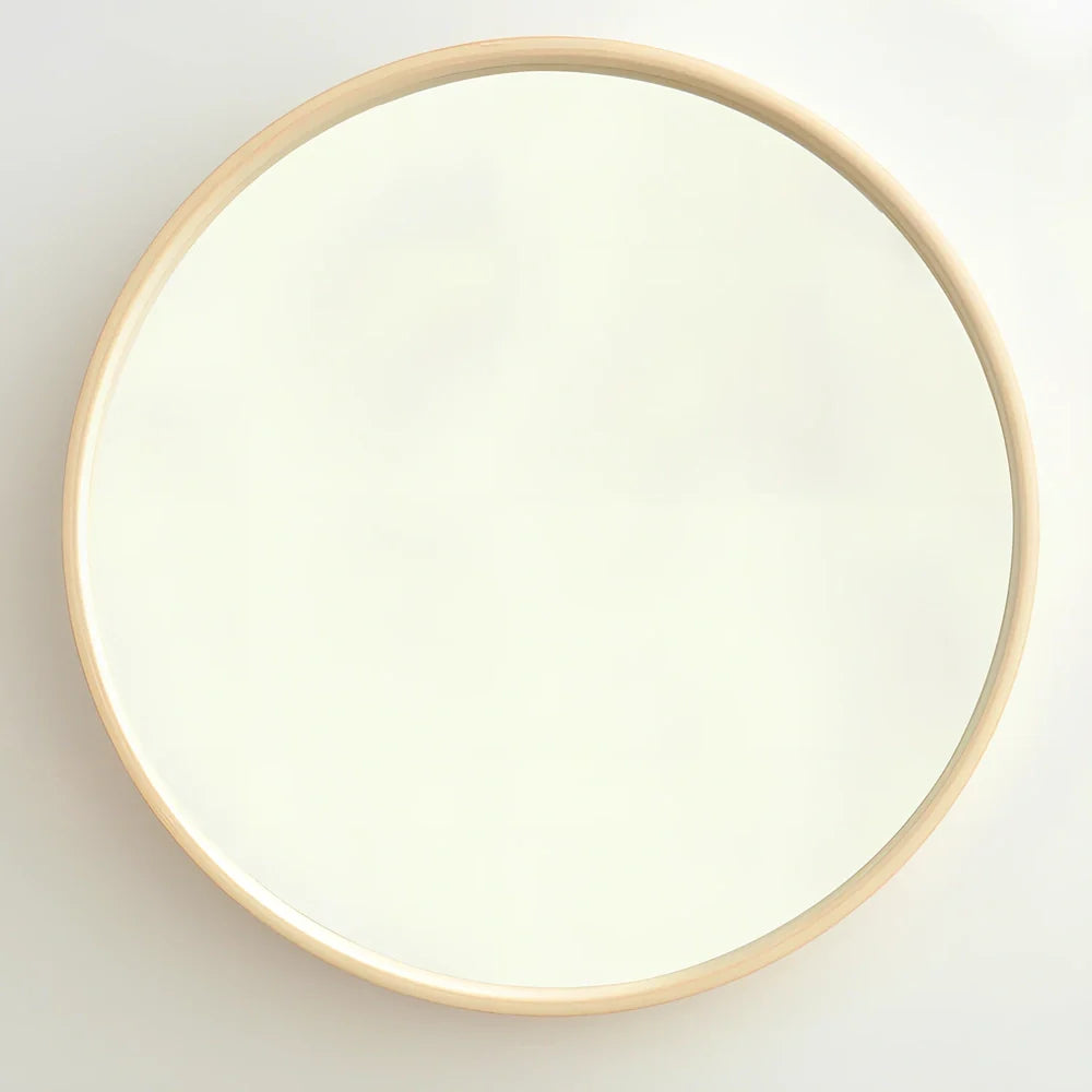Solid wood circular bathroom mirror with float silver glass in natural wood colour frame