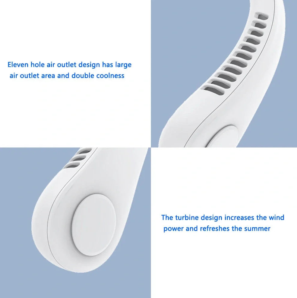 White hanging neck fan with flexible dual wind heads showing 78 air outlets and USB Type-C charging port
