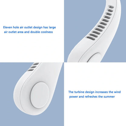 White hanging neck fan with flexible dual wind heads showing 78 air outlets and USB Type-C charging port